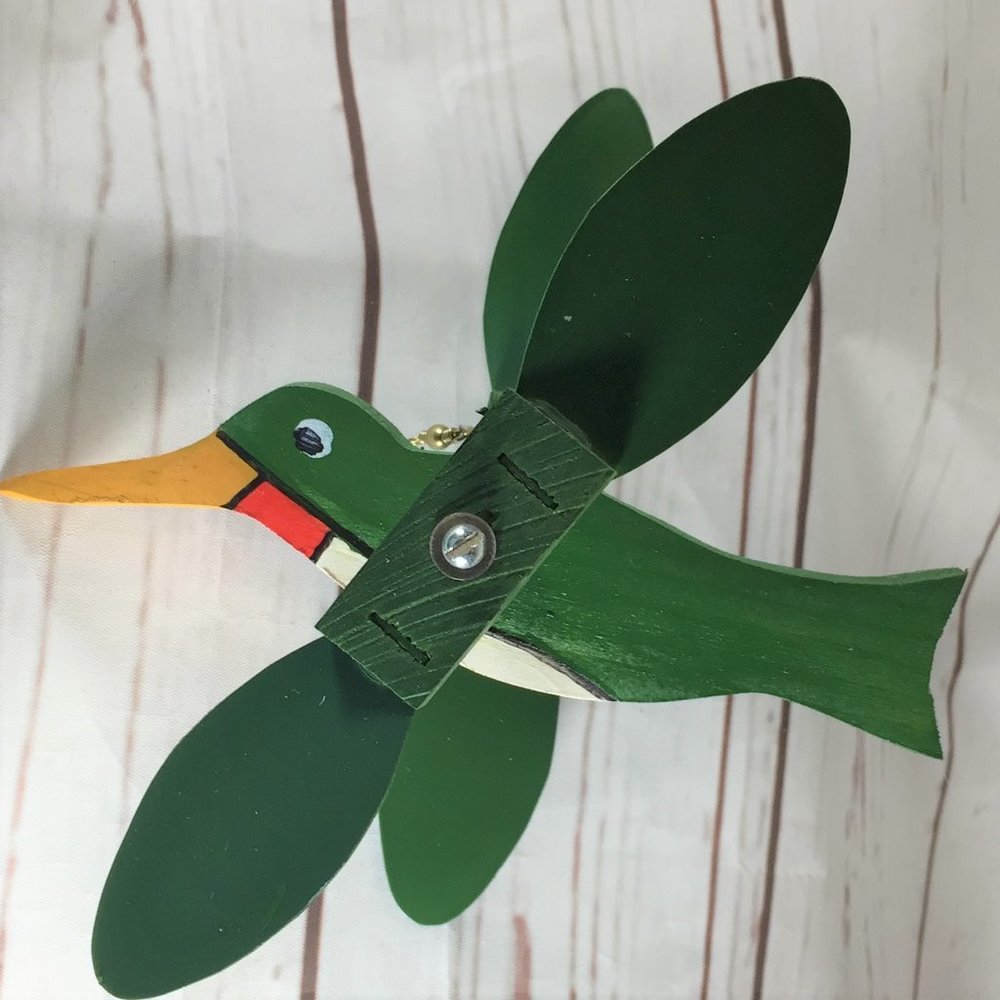 Hand Crafted Wood Green Bird Windspinner Outdoor